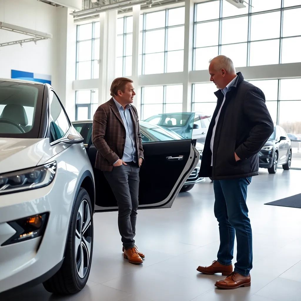 Nederlandse consument bekijkt elektrische auto in showroom